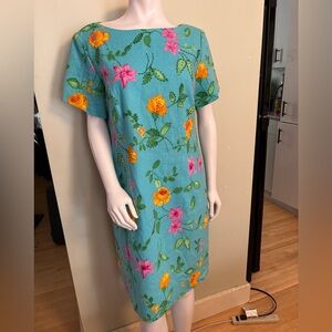 Vintage 90s Jessica Howard multi color floral print beaded linen dress
